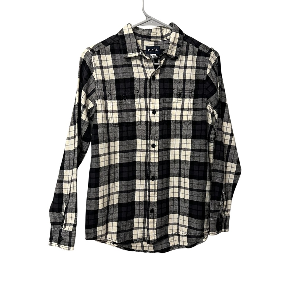 Childrens Place Black White Plaid Flannel Long‎ Sleeve Button Up Shirt Boys XL